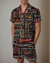 Men Route 66 Pattern Satin Pajama Set