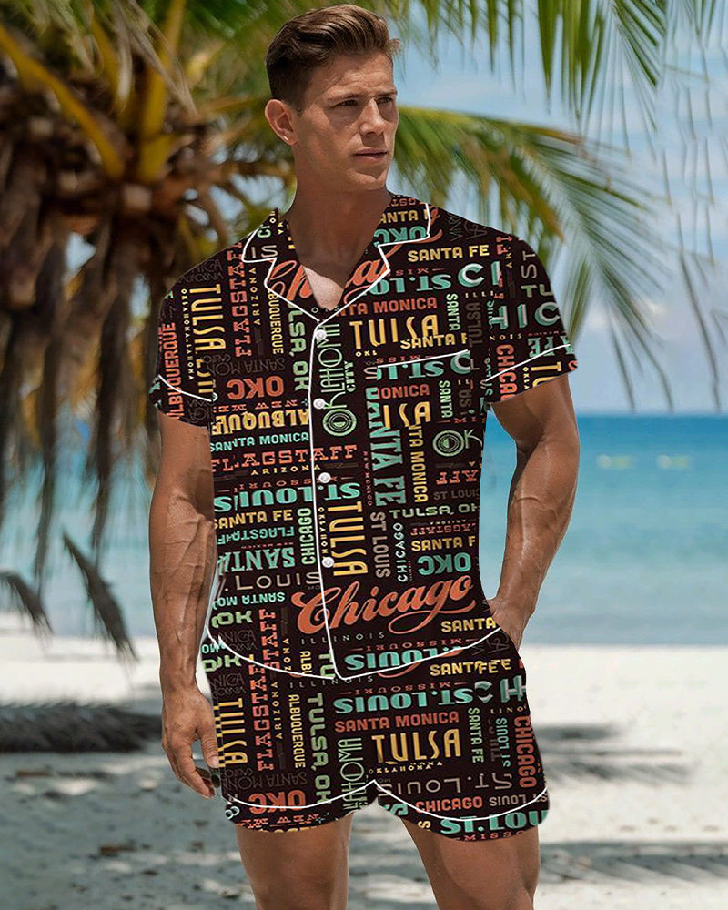 Men Route 66 Pattern Satin Pajama Set