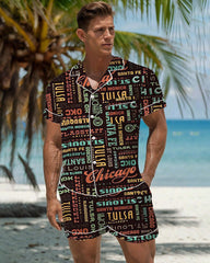 Men Route 66 Pattern Satin Pajama Set