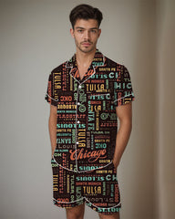 Men Route 66 Pattern Satin Pajama Set
