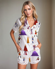 Women Retro Graffiti Cartoon Pattern Satin Pajama Set