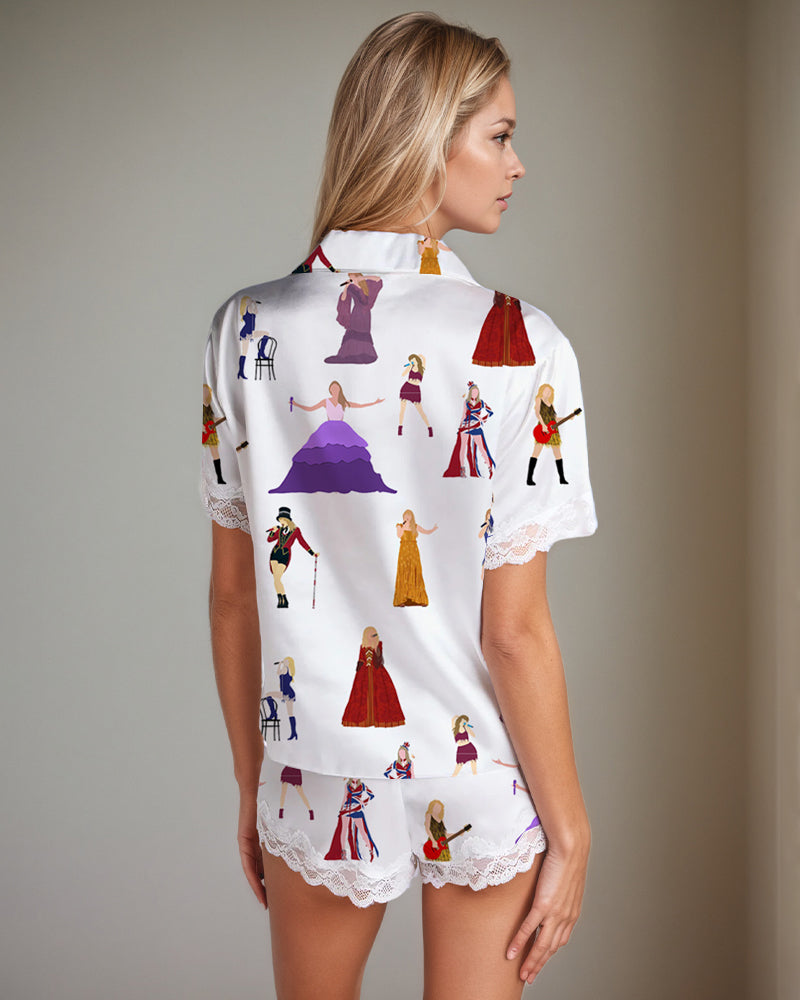 Women Music Theme Graffiti Satin Pajama Set
