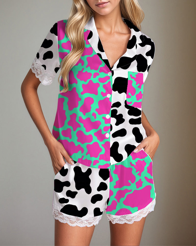 Women Retro Graffiti Cartoon Pattern Satin Pajama Set