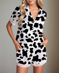 Women Black Cow Print Satin Pajama Set