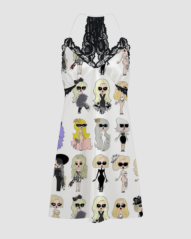 Women Black Cow Print Satin Suspender Pajamas