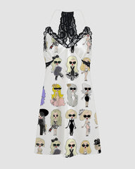 Women Retro Graffiti Cartoon Pattern Satin Suspender Pajamas
