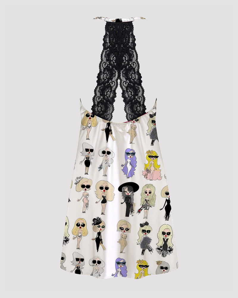 Women Black Cow Print Satin Suspender Pajamas
