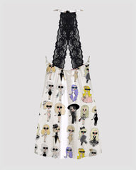 Women Retro Graffiti Cartoon Pattern Satin Suspender Pajamas