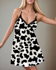Women Black Cow Print Satin Suspender Pajamas