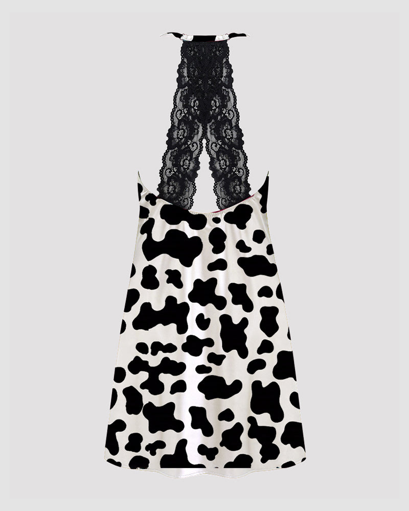 Women Pink Cow Print Satin Suspender Pajamas