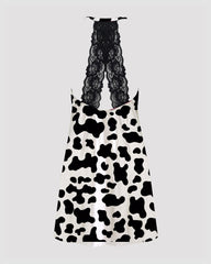 Women Black Cow Print Satin Suspender Pajamas