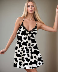 Women Black Cow Print Satin Suspender Pajamas