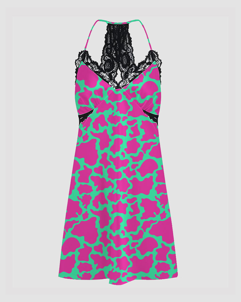 Women Pink Cow Print Satin Suspender Pajamas