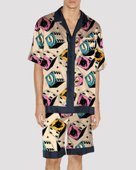 Men Cat Pattern Satin Pajama Set