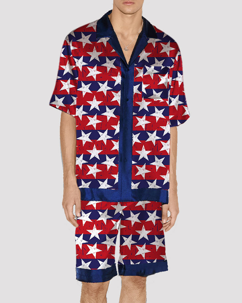 Men National Flag Pattern Satin Pajama Set