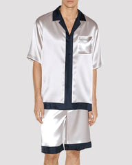 Men Pure White Pattern Satin Pajama Set