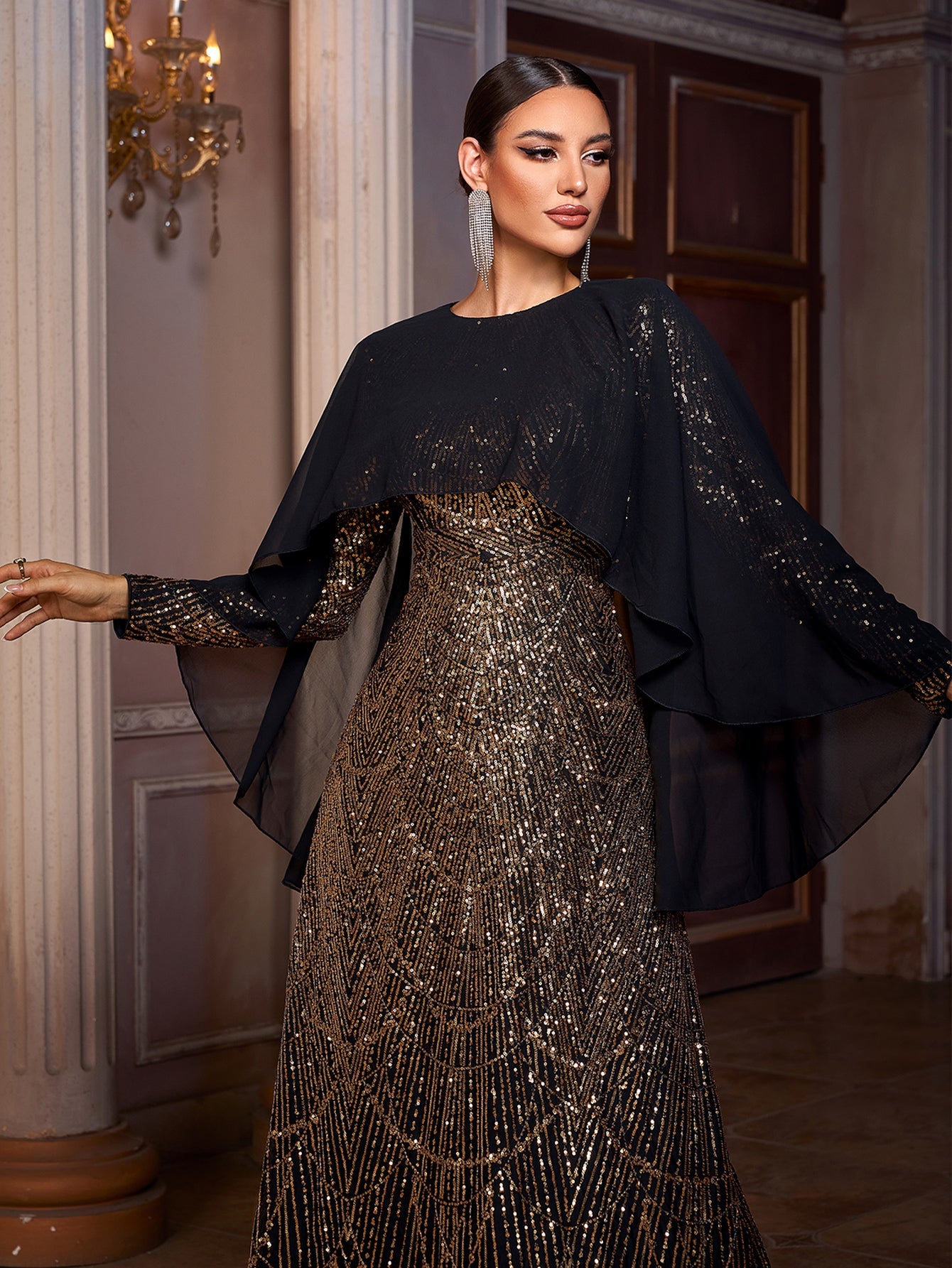 Black Panel Sequin Elegant Abayas SL30074