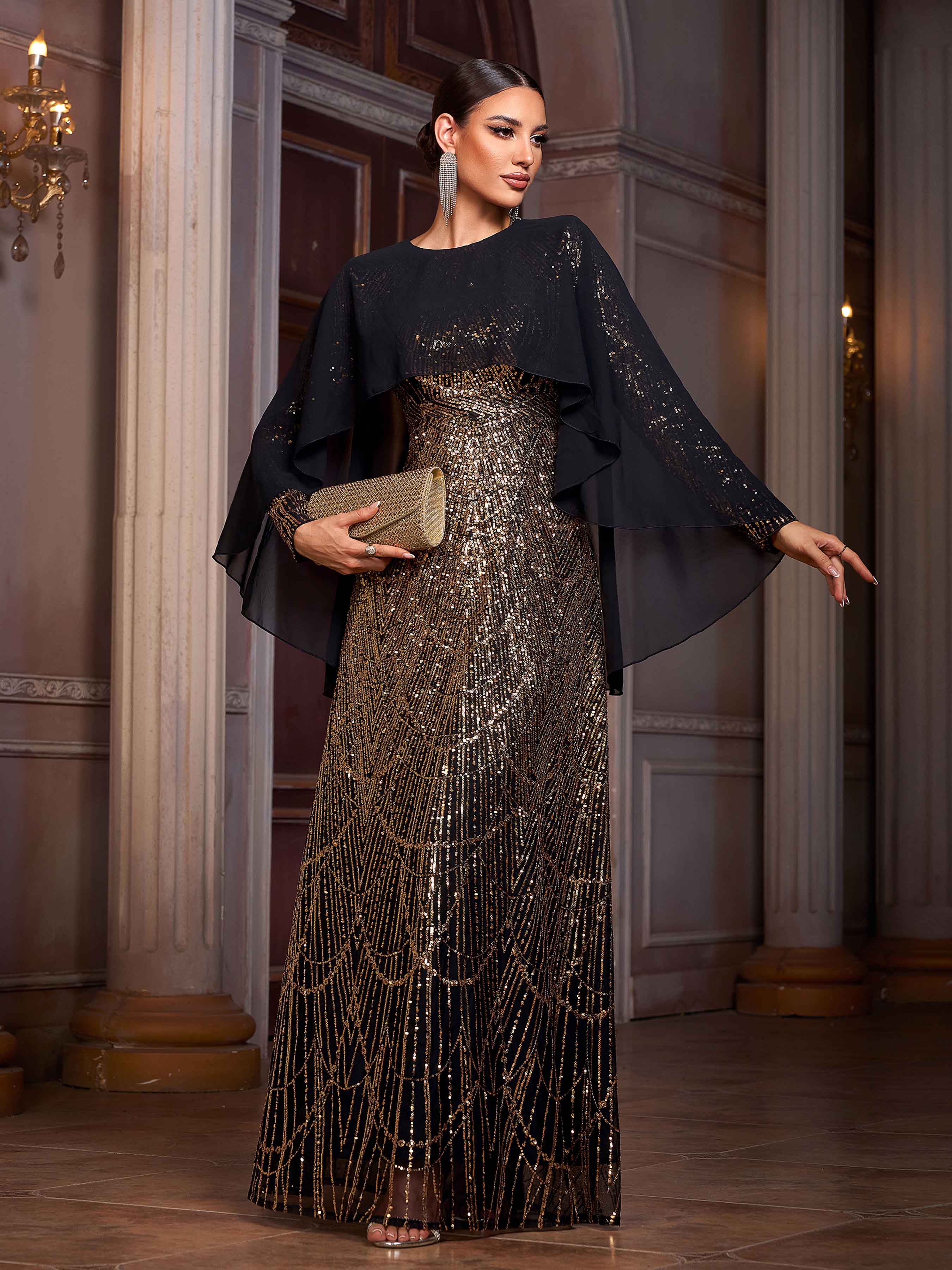 Black Panel Sequin Elegant Abayas SL30074