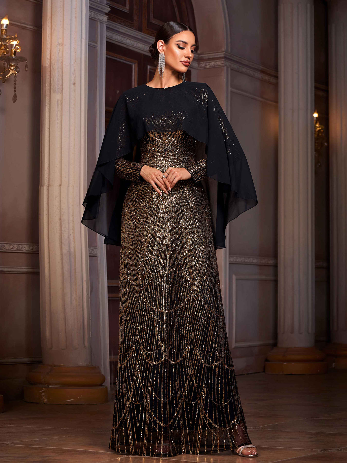 Black Panel Sequin Elegant Abayas SL30074