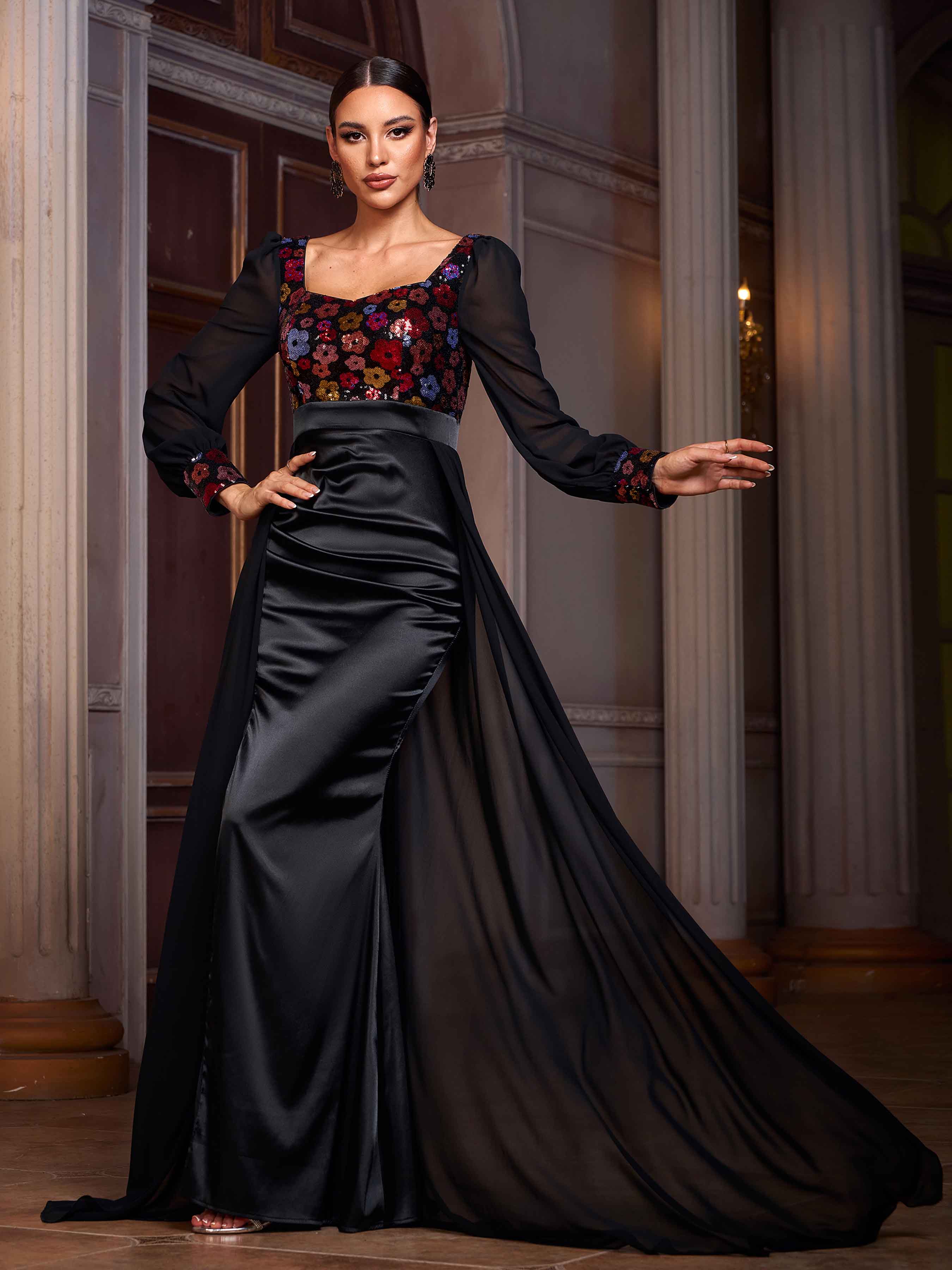 Long Sleeve Floral Sequin Draped Prom Dress SL30076
