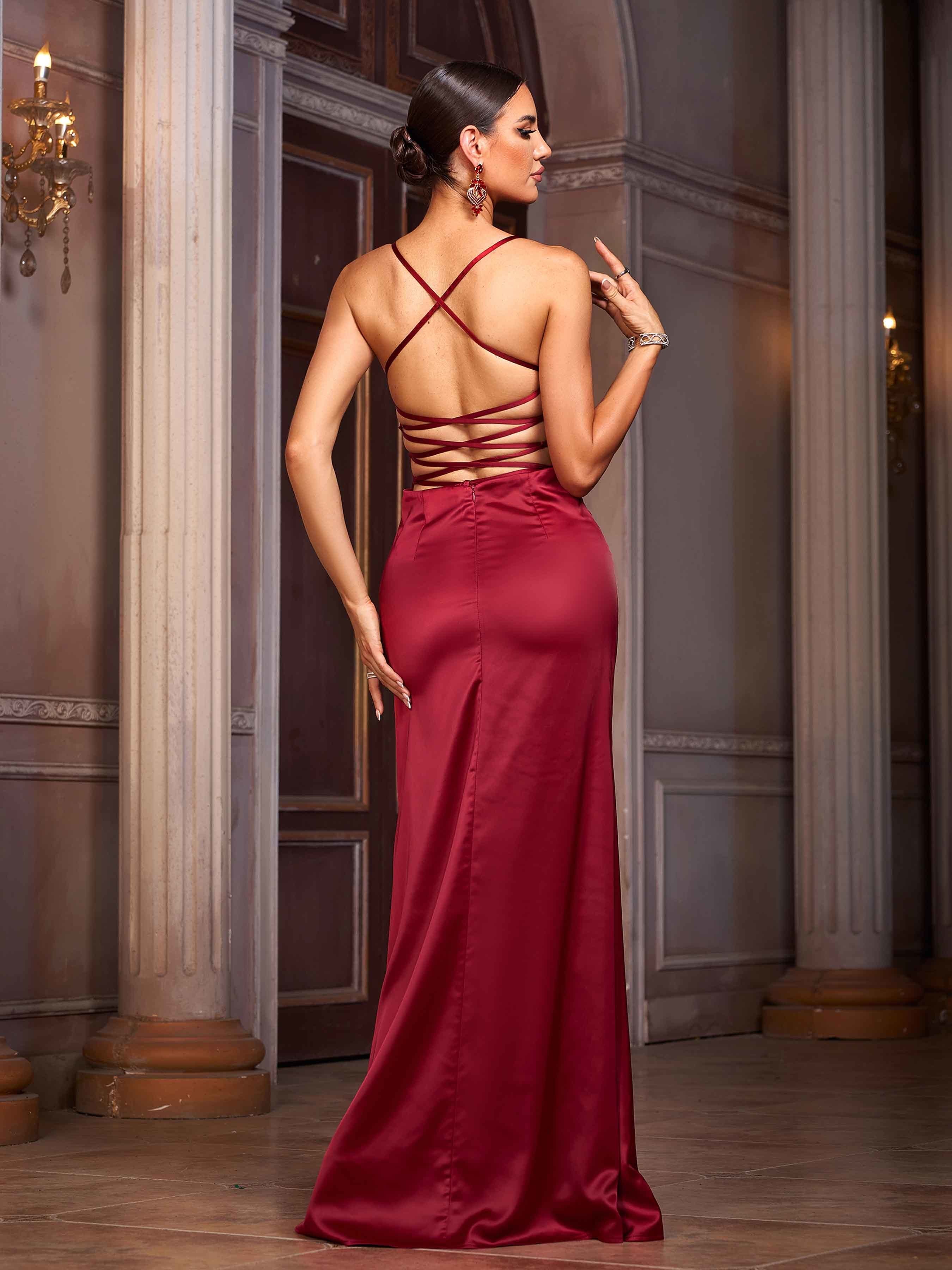 Red Panel Spaghetti Backless Prom Dress SL30106