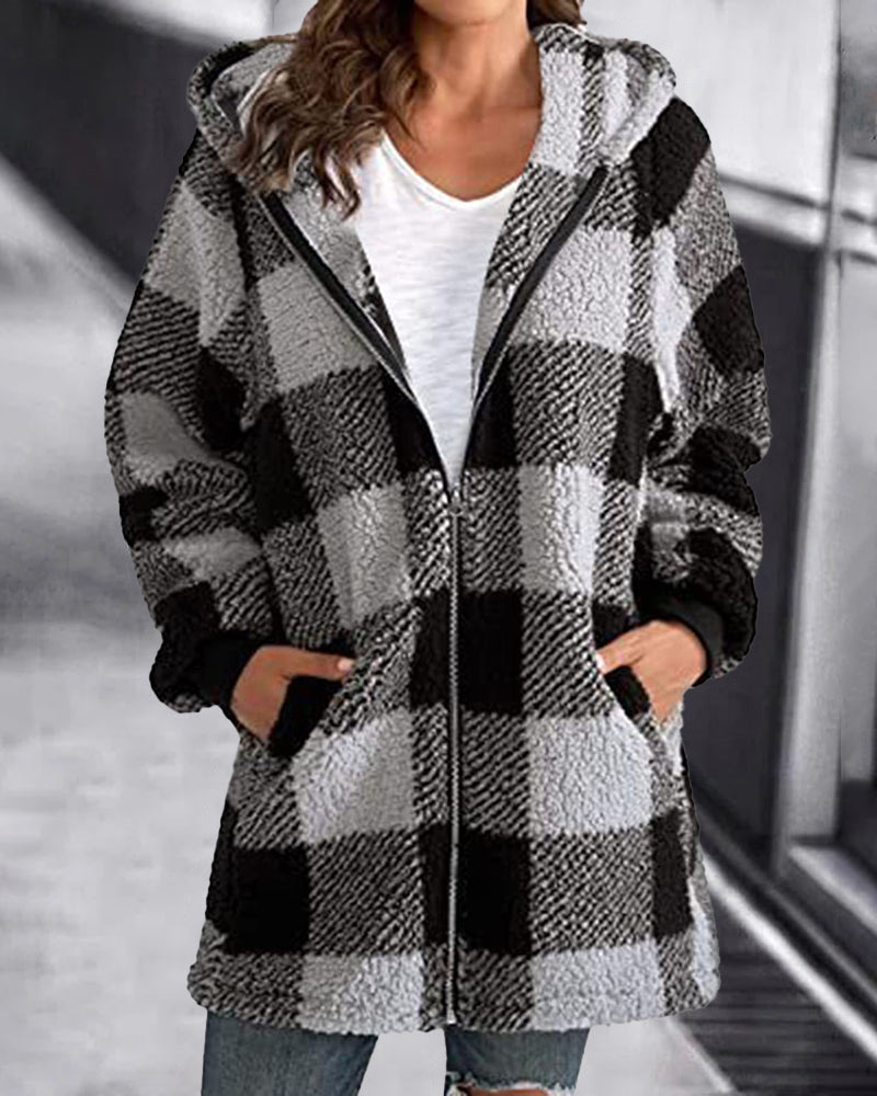 Hoodie Plaid Loose Overcoat