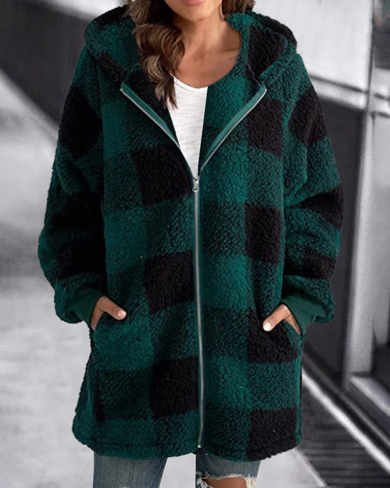 Hoodie Plaid Loose Overcoat