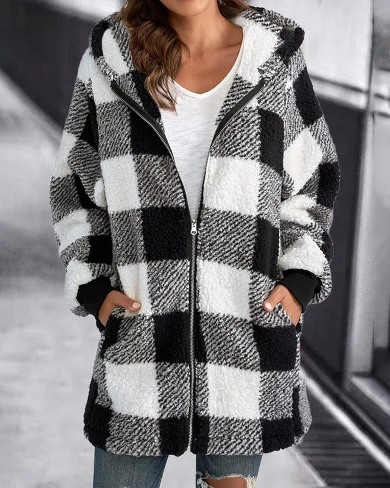 Hoodie Plaid Loose Overcoat