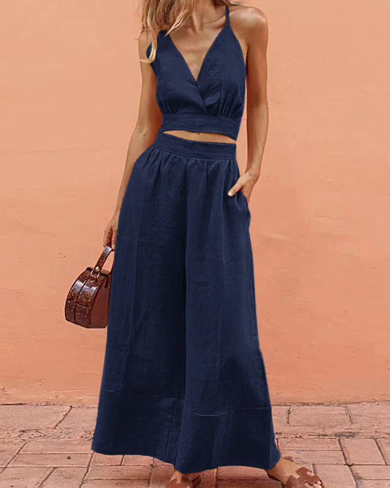 Lace-up Crop Tank Long Pants Sets