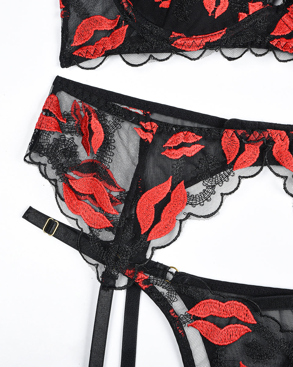 Embroidery Print Set with Garter Belts