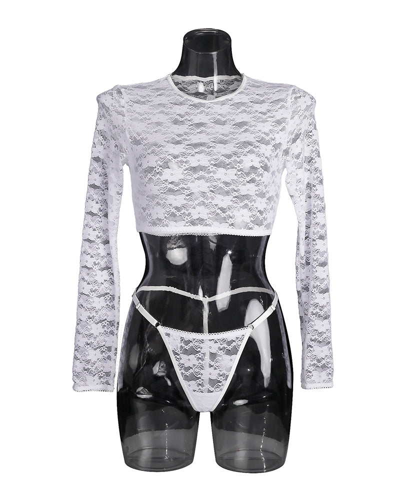See-through Long Sleeve Lace Blouse Set