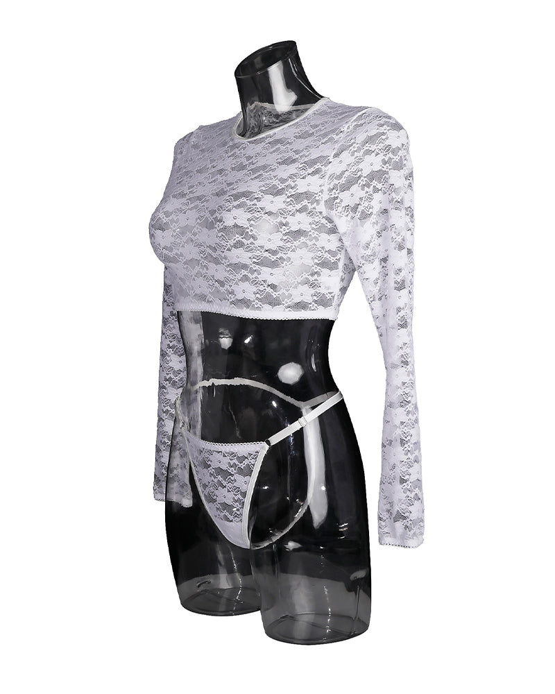 See-through Long Sleeve Lace Blouse Set