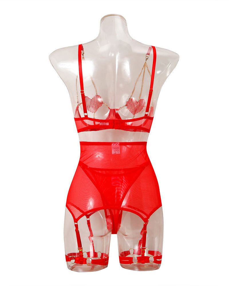 Love Heart Chain Mesh 5PCS Lingerie Set