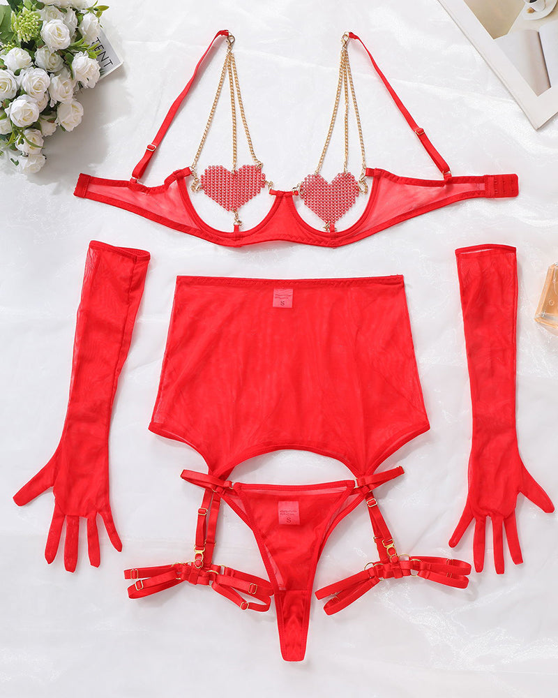 Love Heart Chain Mesh 5PCS Lingerie Set
