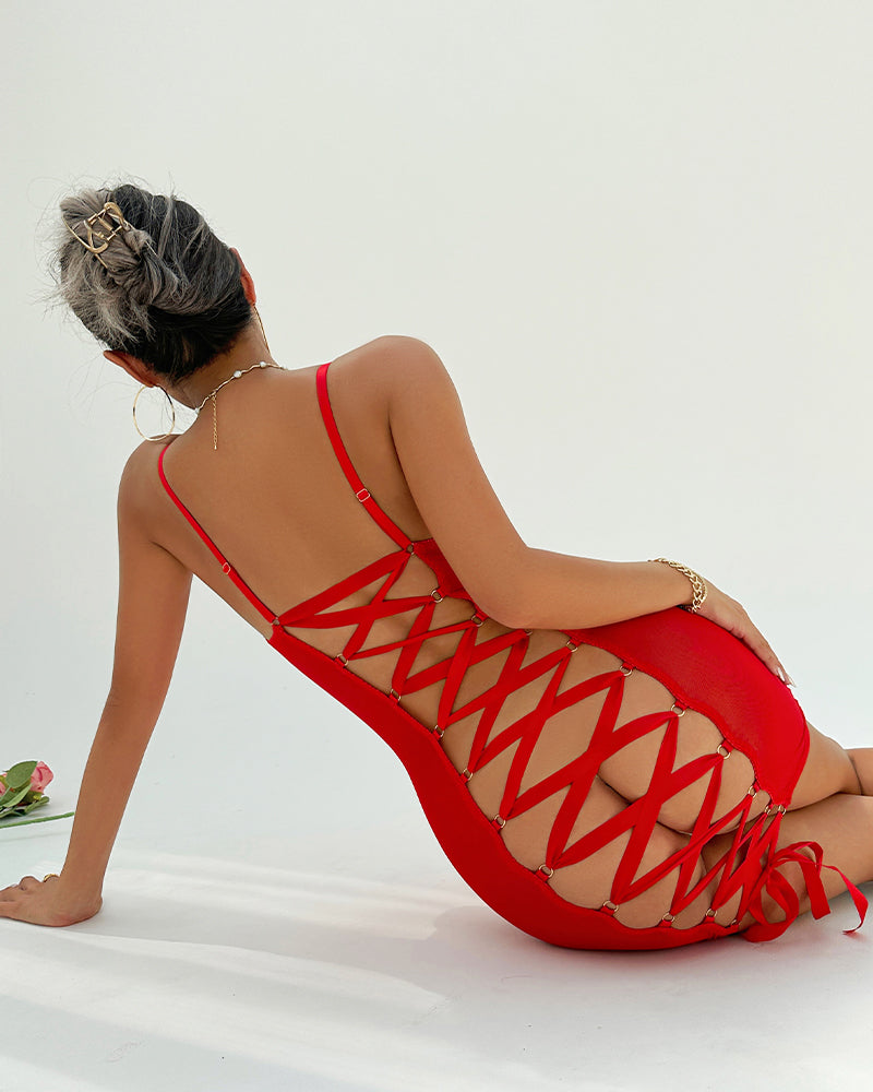 Hot Sheer Backless Strappy Lace Up Dress