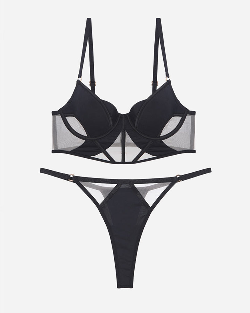 Push Up Mesh Hollow Bra and Thong Set
