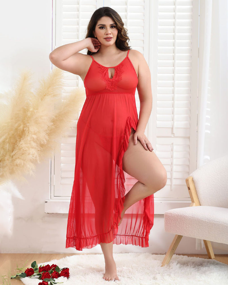 Plus Size Lace Mesh Side Slit Nightgown