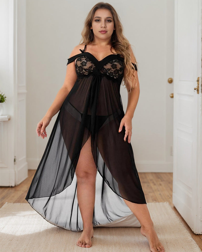 Plus Size Deep V-Neck Lace Nightgown