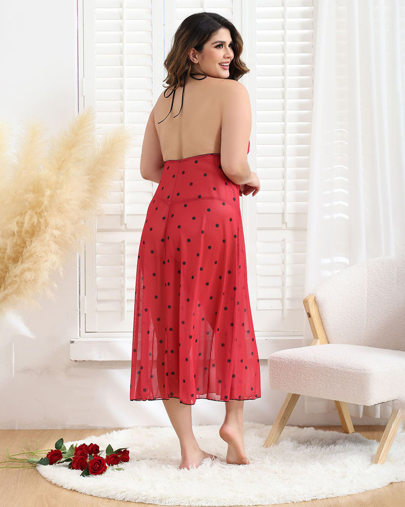 Plus Size Bow Tie Polka Dot Long Dress