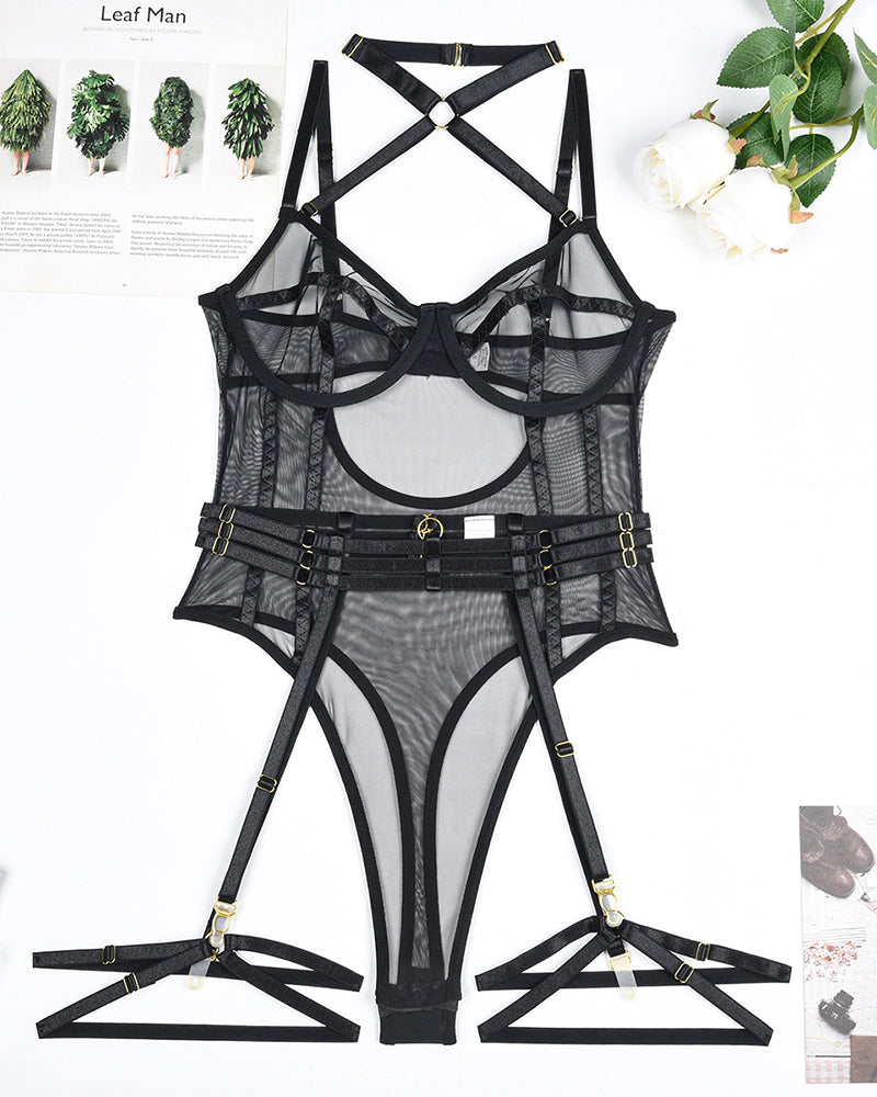 Halter Open Crotch Bodysuit With Garter