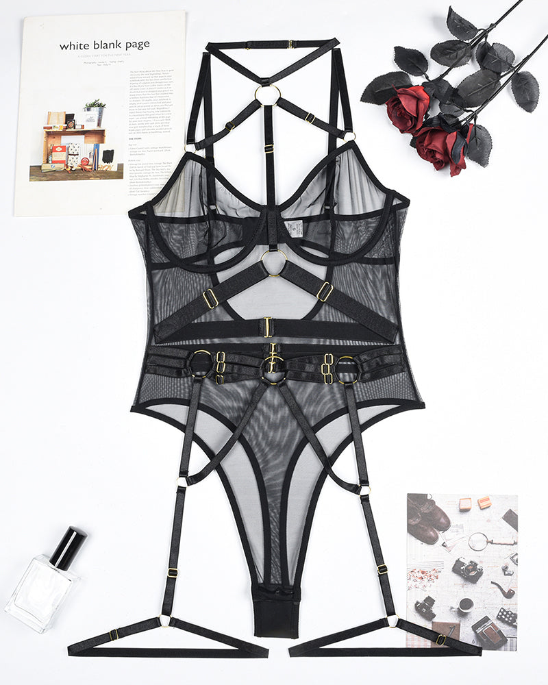 Mesh Straps Bodysuit with Steel Ring