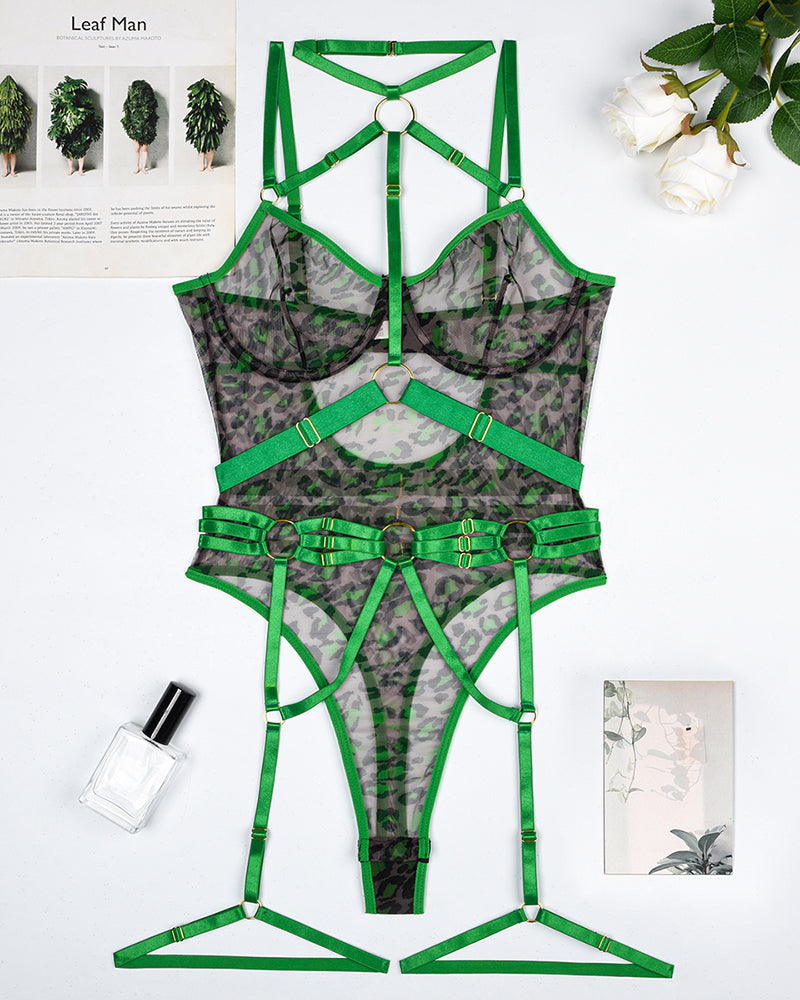 Mesh Straps Bodysuit with Steel Ring