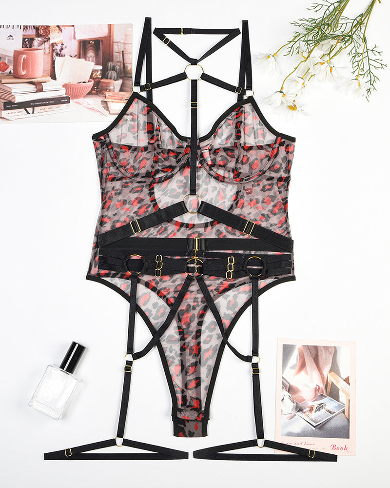 Mesh Straps Bodysuit with Steel Ring