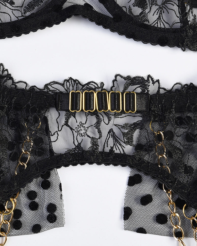 Embroidered Lace Lingerie Set With Chain