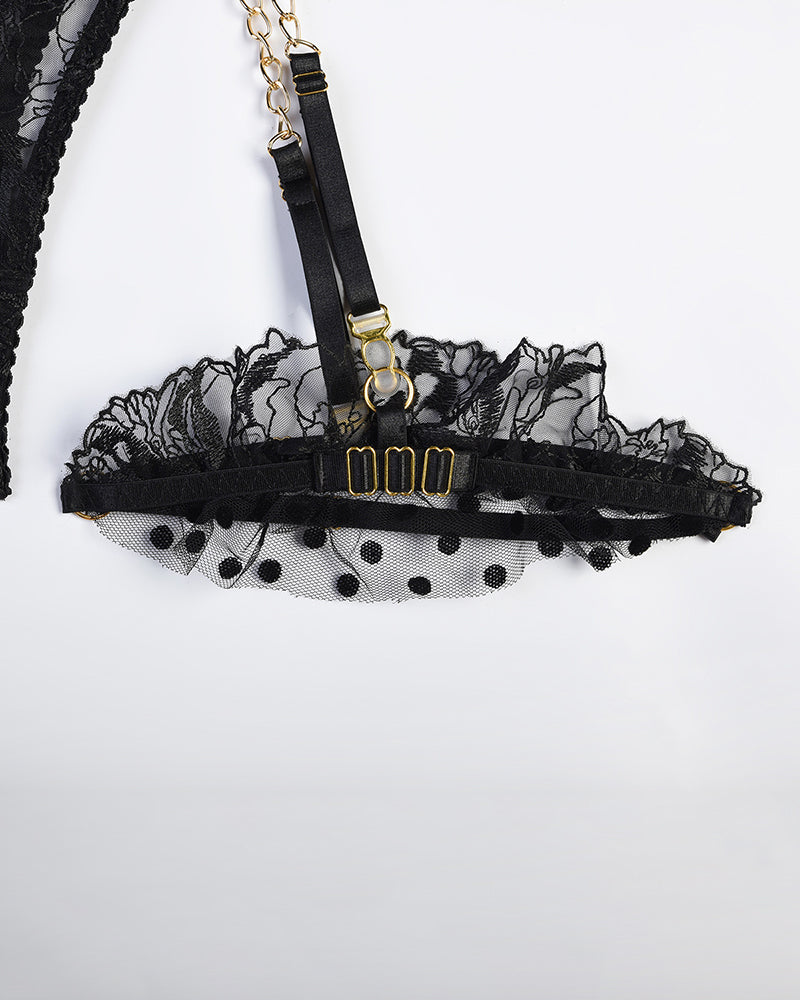 Embroidered Lace Lingerie Set With Chain