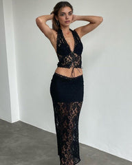 Plunge Neck Halter Lace Two-piece Set