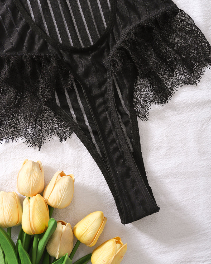 Chain Feather Eyelash Lace Bodysuit