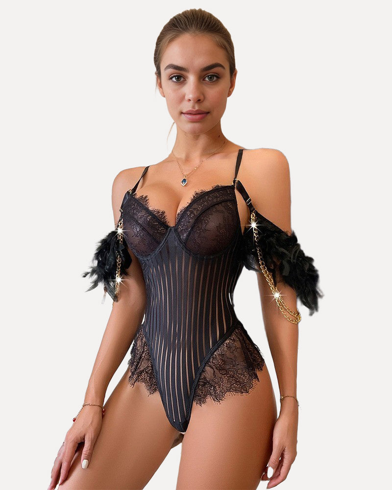 Chain Feather Eyelash Lace Bodysuit