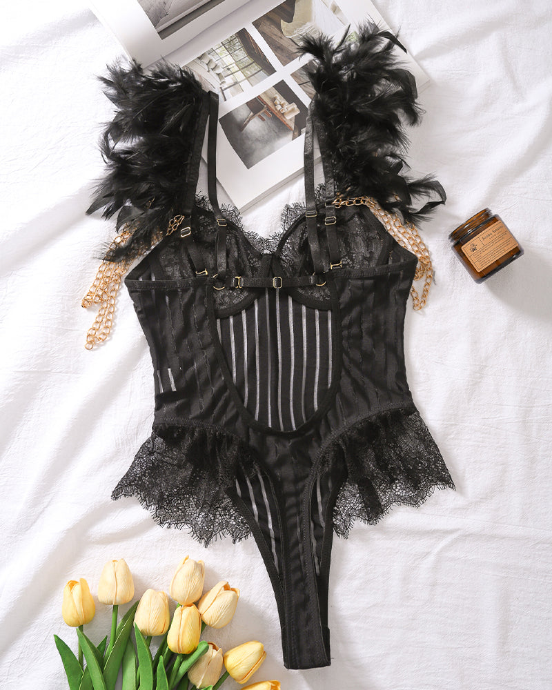 Chain Feather Eyelash Lace Bodysuit