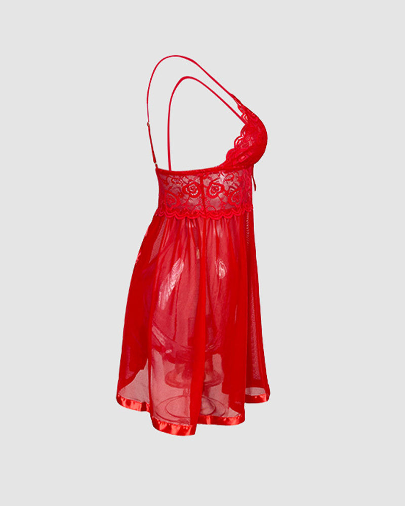 Contrast Lace Bow Decor Mesh Slip Dress